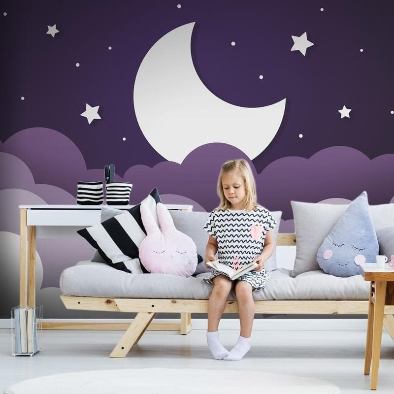 Carta da parati - Moon dream - clouds in a purple sky with stars for children - 3