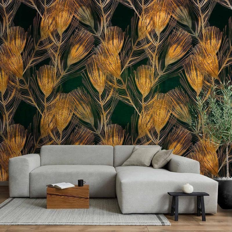 Carta da parati - Golden peacock feathers - solid background with bird pattern on green background - 2