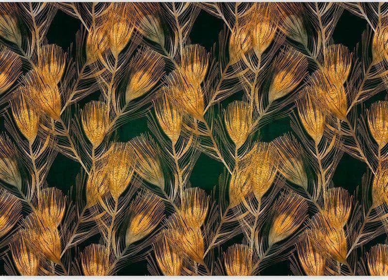 Carta da parati - Golden peacock feathers - solid background with bird pattern on green background - 4