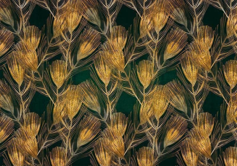 Carta da parati - Golden peacock feathers - solid background with bird pattern on green background - 6