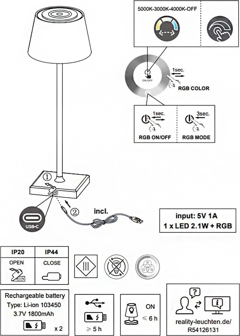Abat-jour esterno Trio lighting SANCHEZ R54126131 IP44 RGB LED 450LM bianco lampada tavolo giardino pub ristoranti - 13