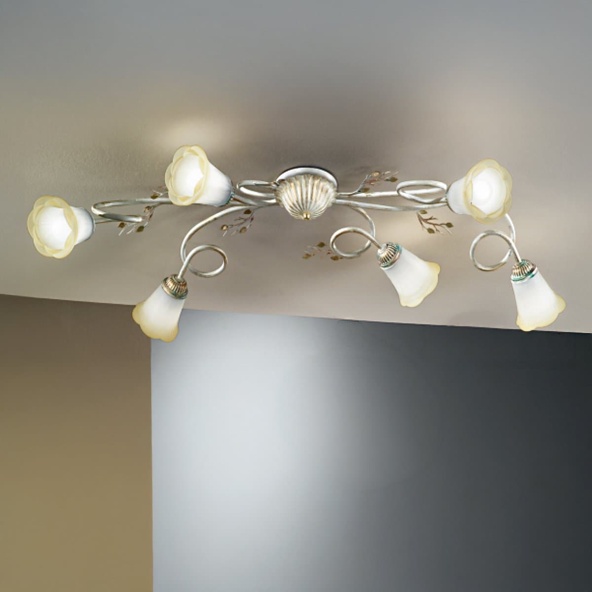 Plafoniera classica Due P Illuminazione ELENA PL6 E14 LED metallo bianco anticato oro vetro sfumato ambra - 2