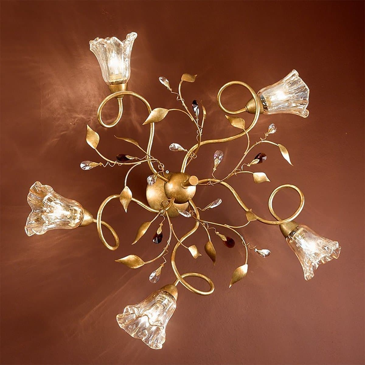 Plafoniera classica Due P Illuminazione EMMA PL5 E14 LED metallo oro francese vetro ambra gocce cristallo - 2
