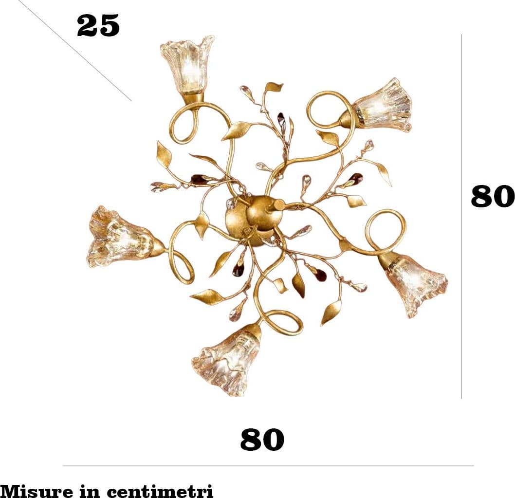 Plafoniera classica Due P Illuminazione EMMA PL5 E14 LED metallo oro francese vetro ambra gocce cristallo - 3