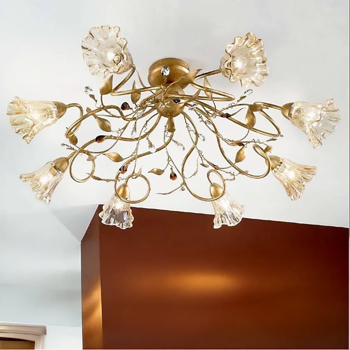Plafoniera classica Due P Illuminazione EMMA PL8 E14 LED metallo oro francese vetro ambra gocce cristallo - 2