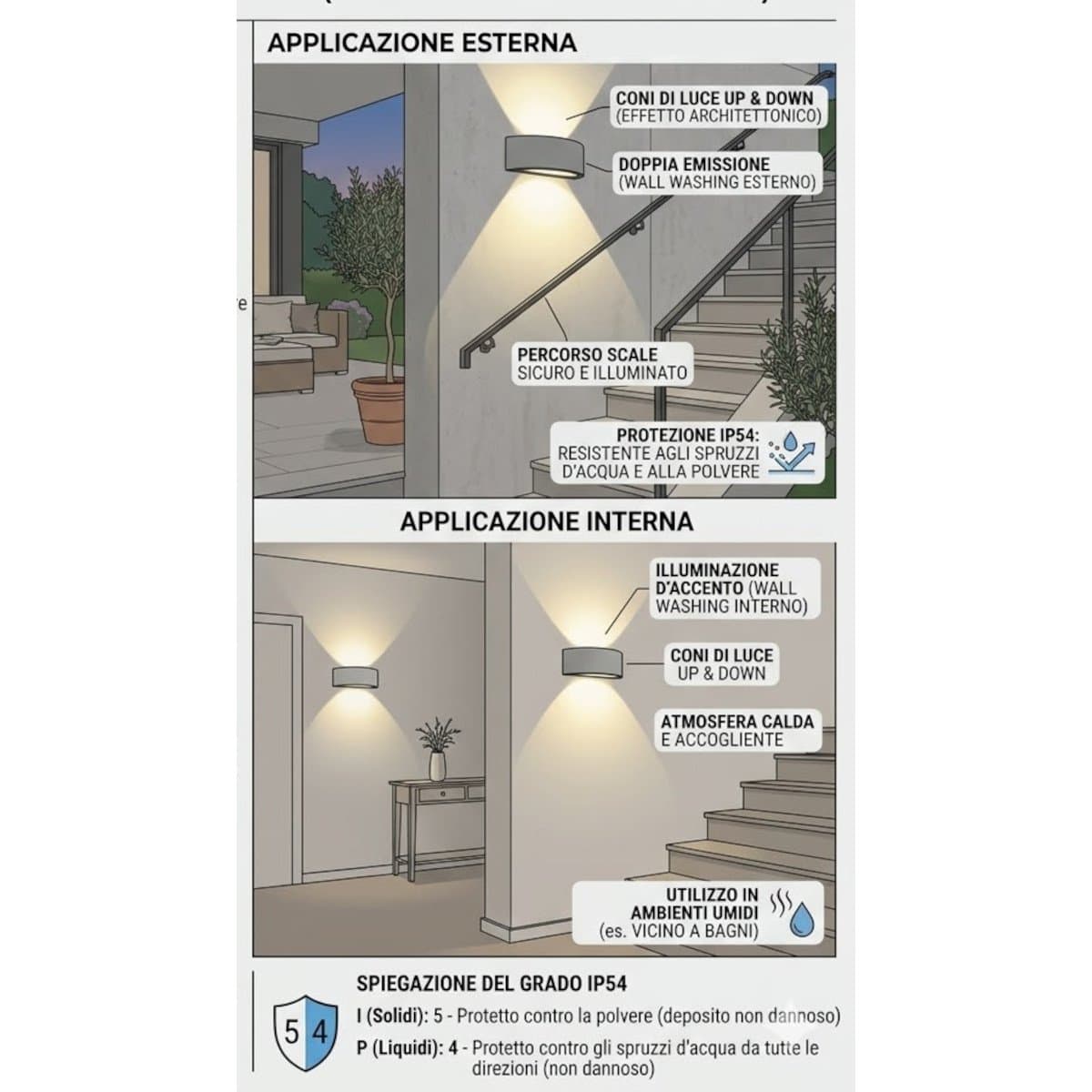 Applique moderno Promoingross LENTE 5581 E27 LED IP54 alluminio vetro biemissione monoemissione - 12