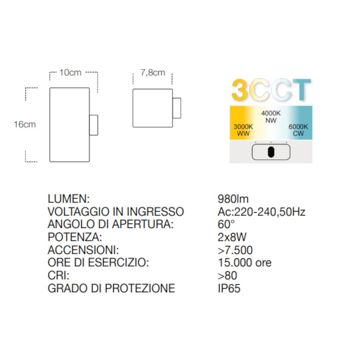 Applique moderno Lampadari Bartalini IDOR Q2 LED CCT IP65 termoplastico biemissione - 7