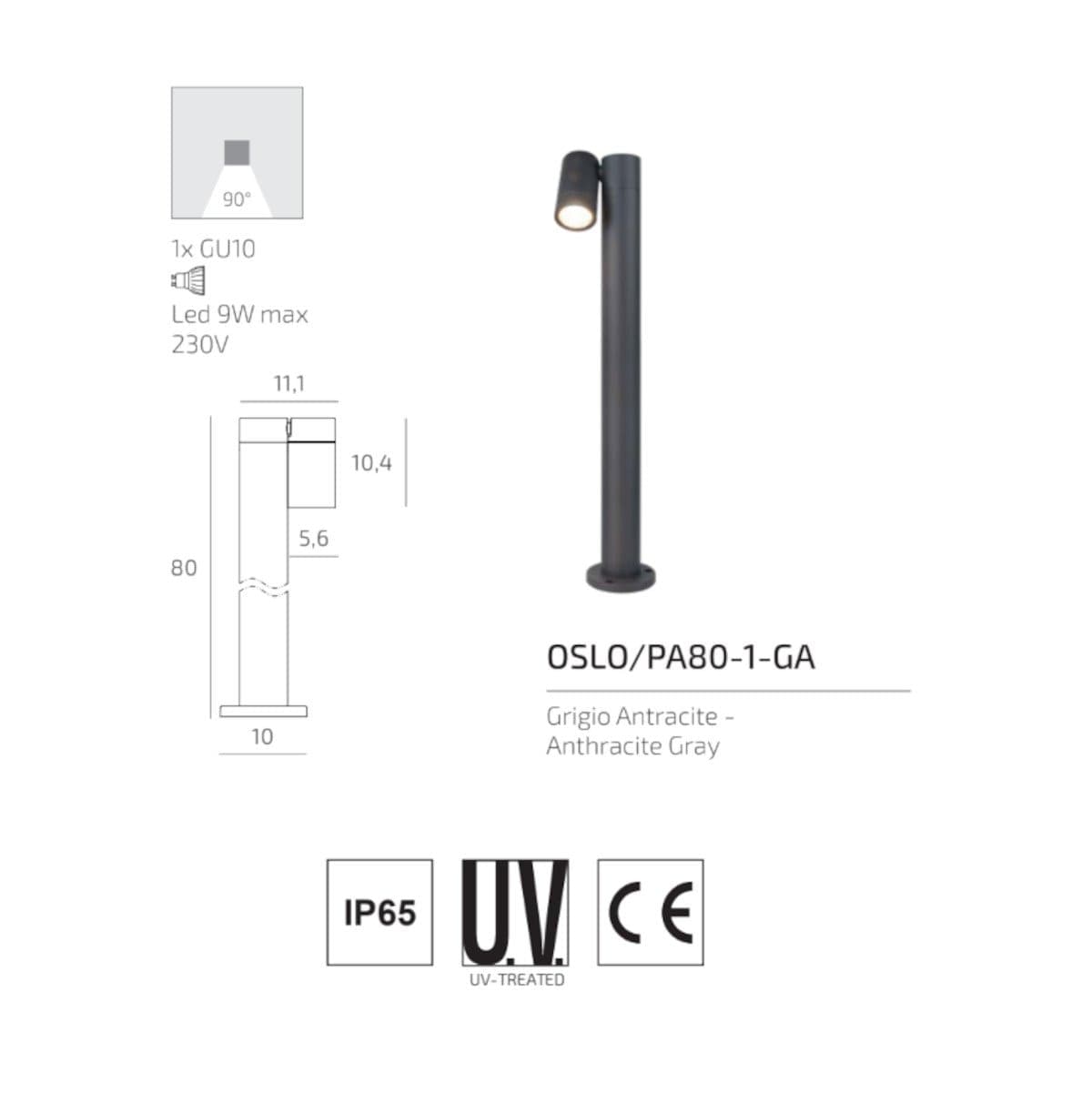 Lampioncino moderno Top Light OSLO PA50 PA80 1 GA GU10 LED IP65 orientabile alluminio vetro - 6
