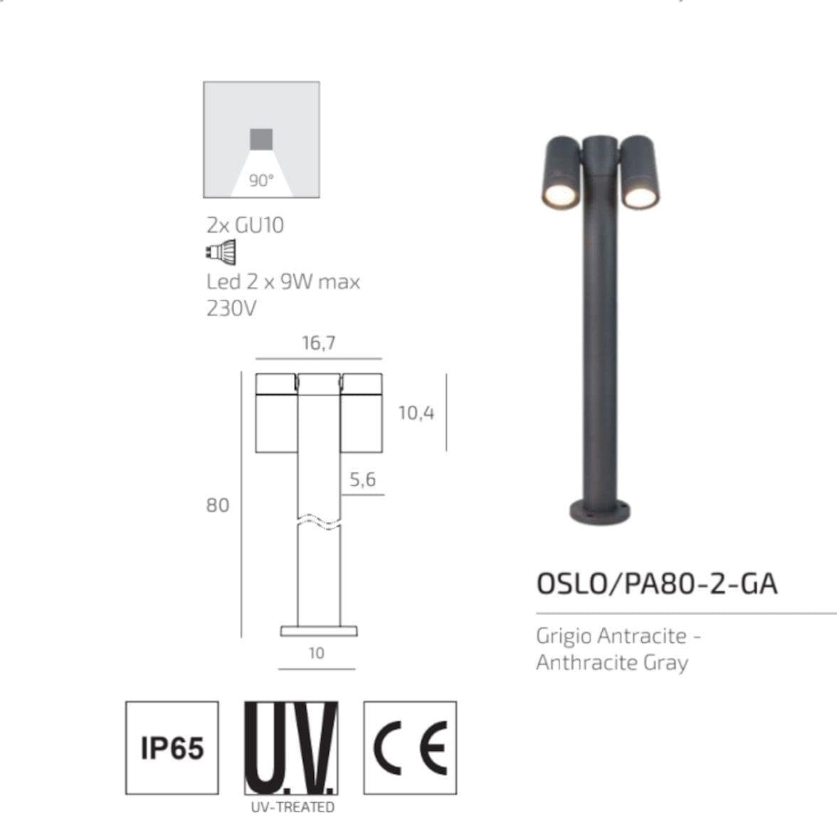 Lampioncino moderno Top Light OSLO PA50 PA80 2 GA GU10 LED IP65 orientabile alluminio vetro - 7