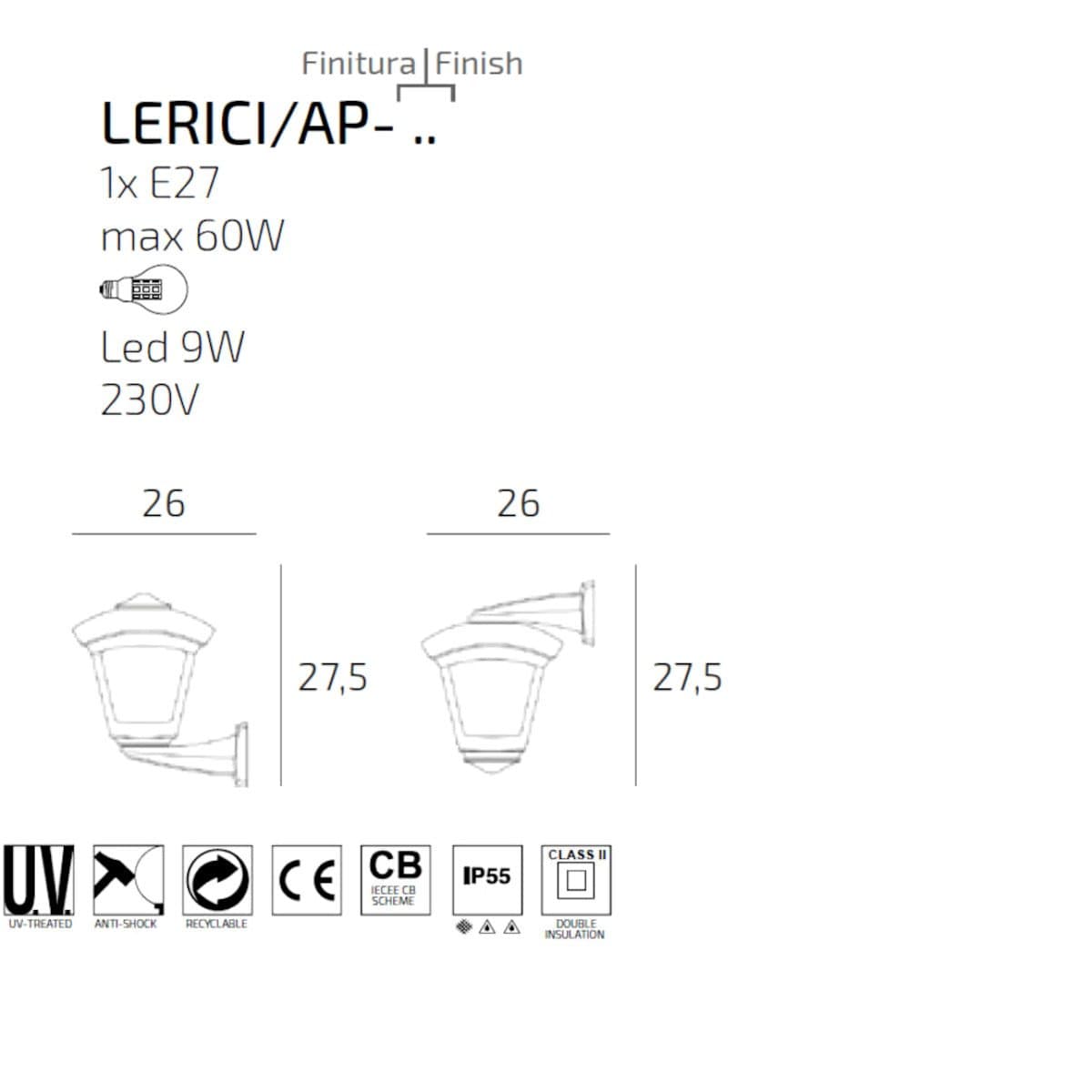 Applique moderno Top Light LERICI AP E27 LED IP55 resina PMMA - 6