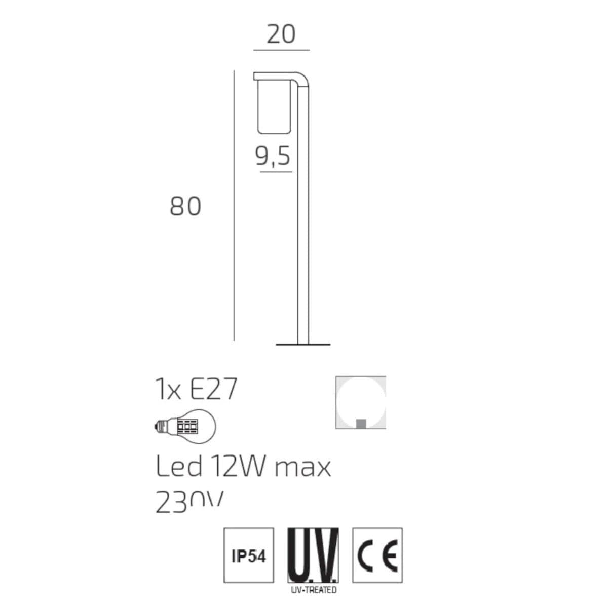 Lampioncino moderno Top Light LUGANO PA80 GA E27 LED IP54 alluminio vetro - 5