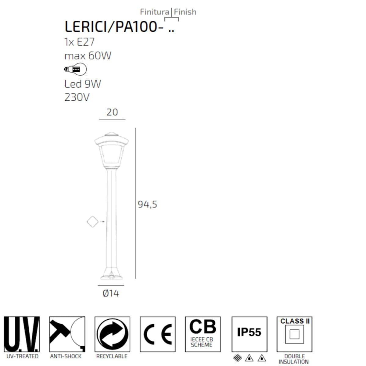 Lampioncino moderno Top Light LERICI PA100 E27 LED IP55 resina PMMA - 13