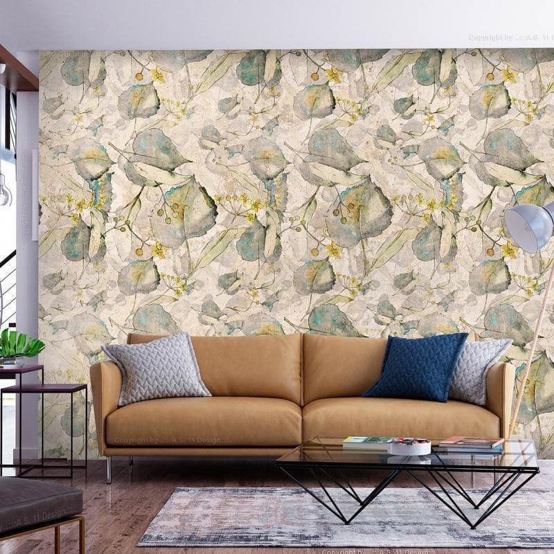 Carta da parati - Green and yellow autumn souvenirs - floral design with leaves - 3