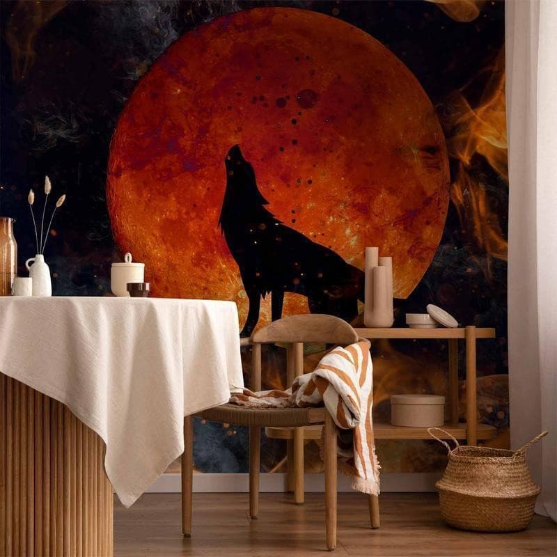 Carta da parati - Wild nature - wolf on a background of a red moon in flames of fire - 2