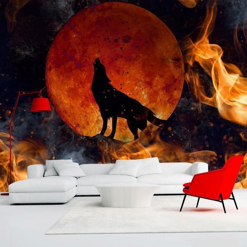 Carta da parati - Wild nature - wolf on a background of a red moon in flames of fire - 3