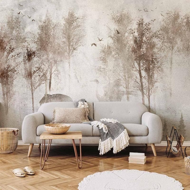 Carta da parati - Among the trees - landscape in grey tones in fog in a clearing with birds - 13
