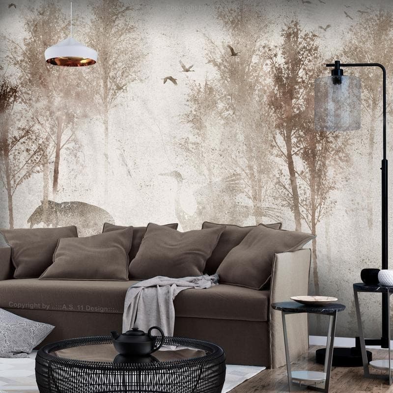 Carta da parati - Among the trees - landscape in grey tones in fog in a clearing with birds - 3