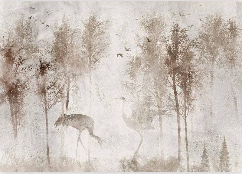Carta da parati - Among the trees - landscape in grey tones in fog in a clearing with birds - 4
