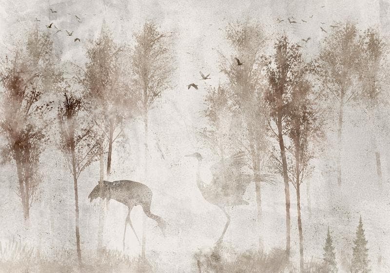 Carta da parati - Among the trees - landscape in grey tones in fog in a clearing with birds - 6