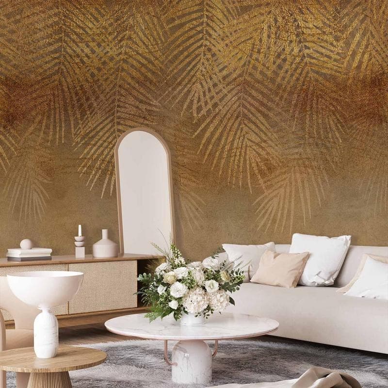 Carta da parati - Abstract nature in beige - composition with golden exotic leaves - 13