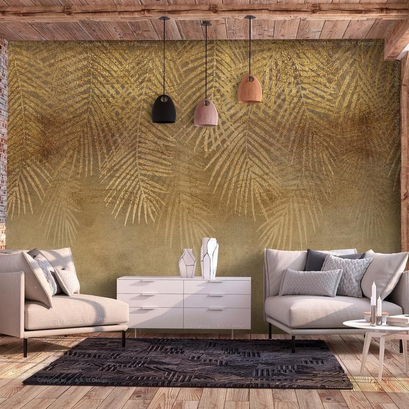 Carta da parati - Abstract nature in beige - composition with golden exotic leaves - 3