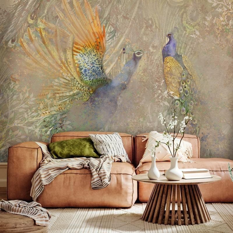 Carta da parati - Peacocks in dance - bird motif among an abstract pattern with ornaments - 3