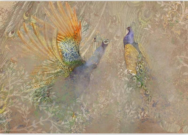 Carta da parati - Peacocks in dance - bird motif among an abstract pattern with ornaments - 5