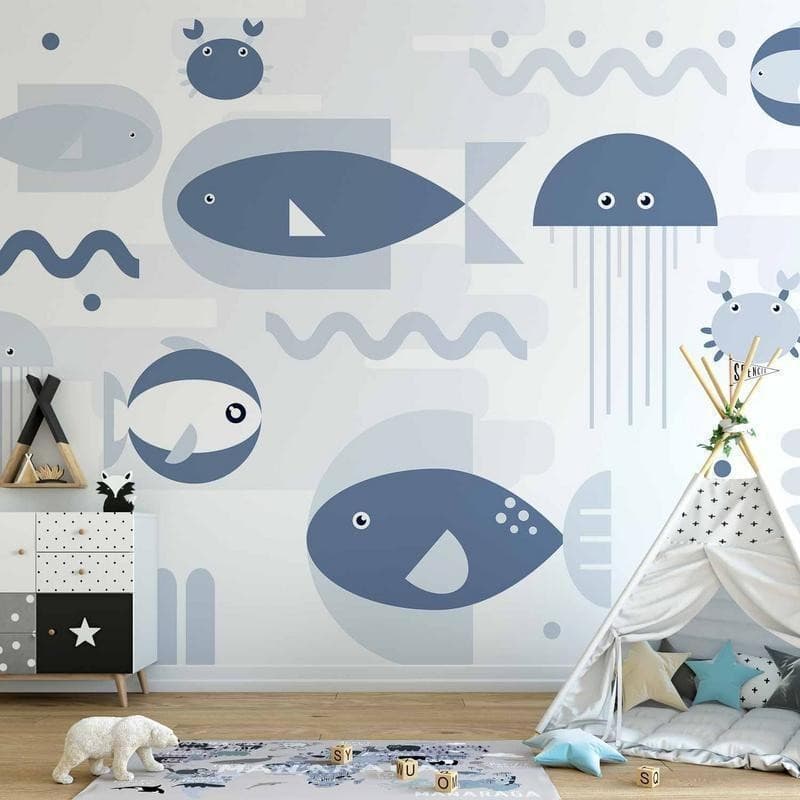Carta da parati - Minimalist ocean - geometric fish and crabs in water for kids - 13