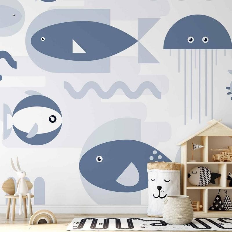 Carta da parati - Minimalist ocean - geometric fish and crabs in water for kids - 2