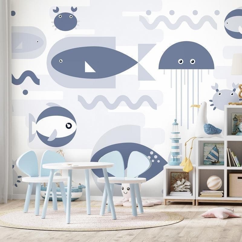 Carta da parati - Minimalist ocean - geometric fish and crabs in water for kids - 3