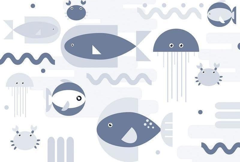Carta da parati - Minimalist ocean - geometric fish and crabs in water for kids - 6