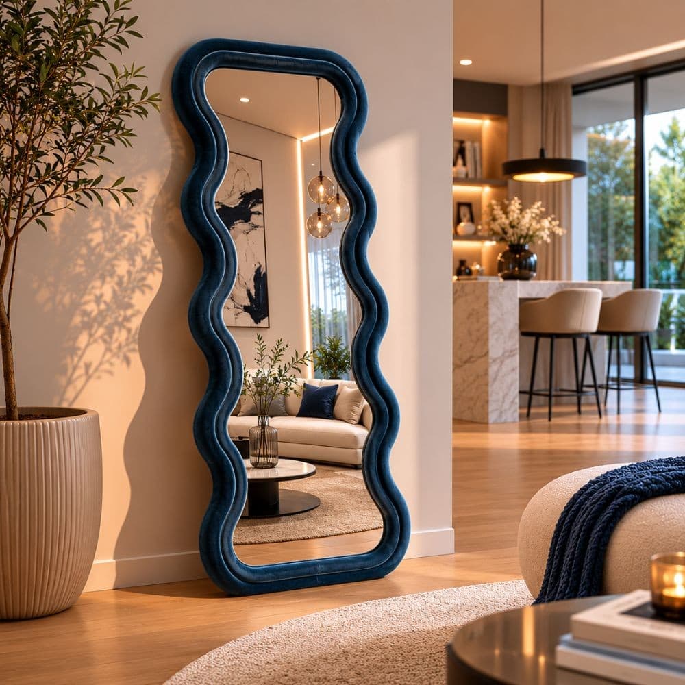 Specchio da Parete in Velluto blu Design onda Marea - 2