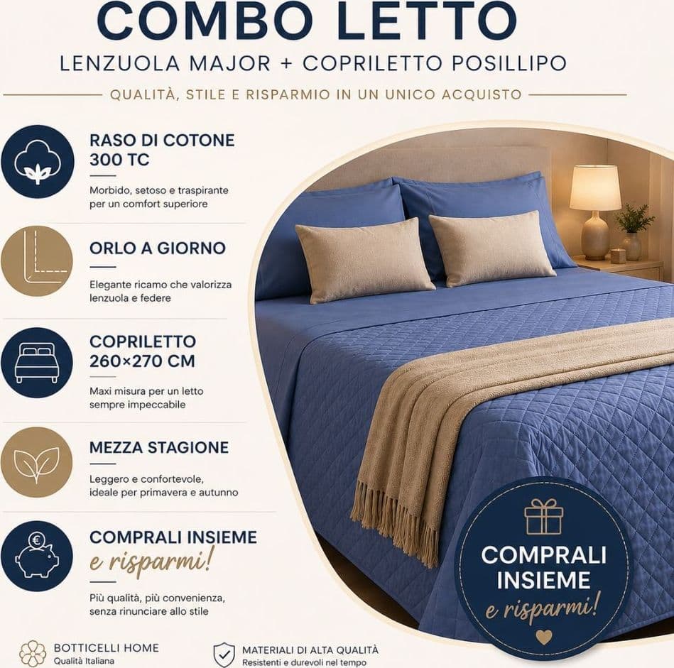 Combo Lenzuola e Copriletto Matrimoniale Botticelli Home Major e Posillipo – Comprali Insieme e Risparmi - 8