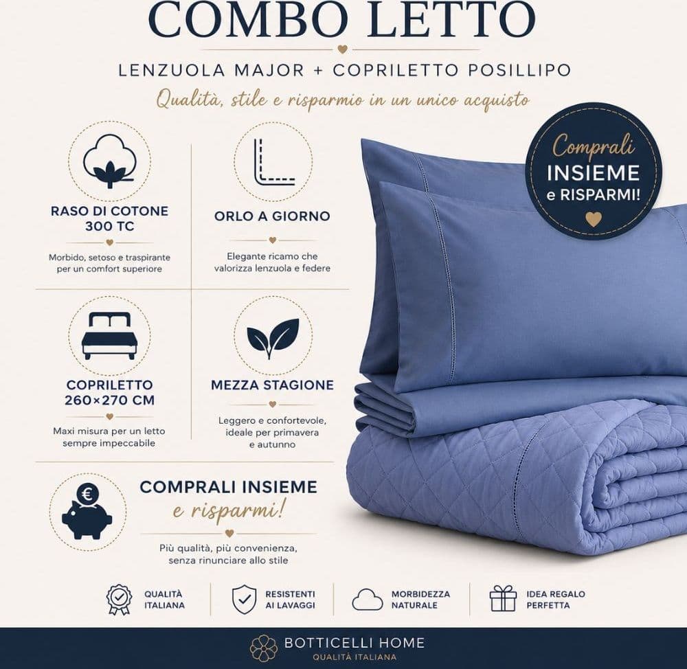 Combo Lenzuola e Copriletto Matrimoniale Botticelli Home Major e Posillipo – Comprali Insieme e Risparmi - 9
