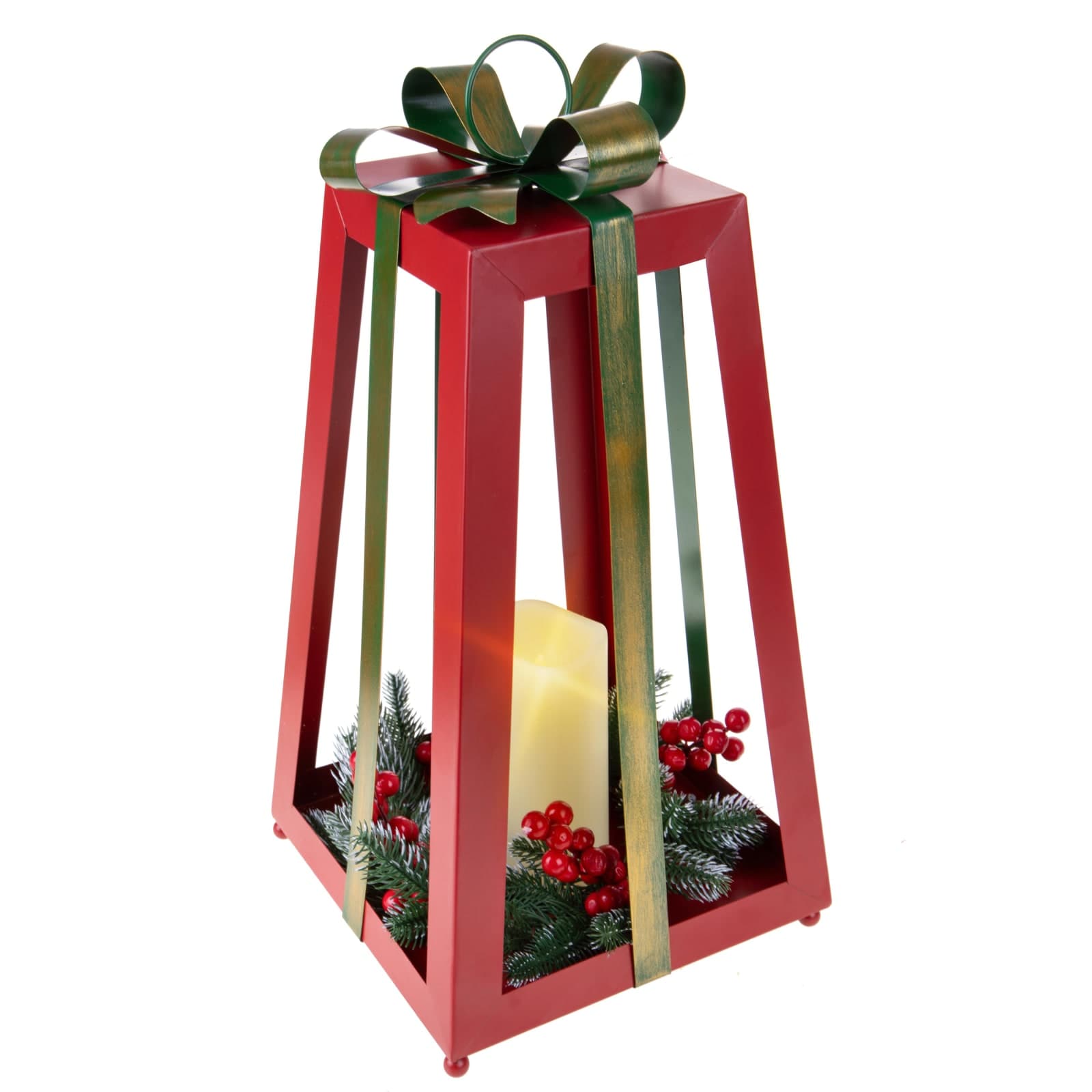 Lanterna con candela e fiocco in metallo e plastica per decorazioni natalizie - 2
