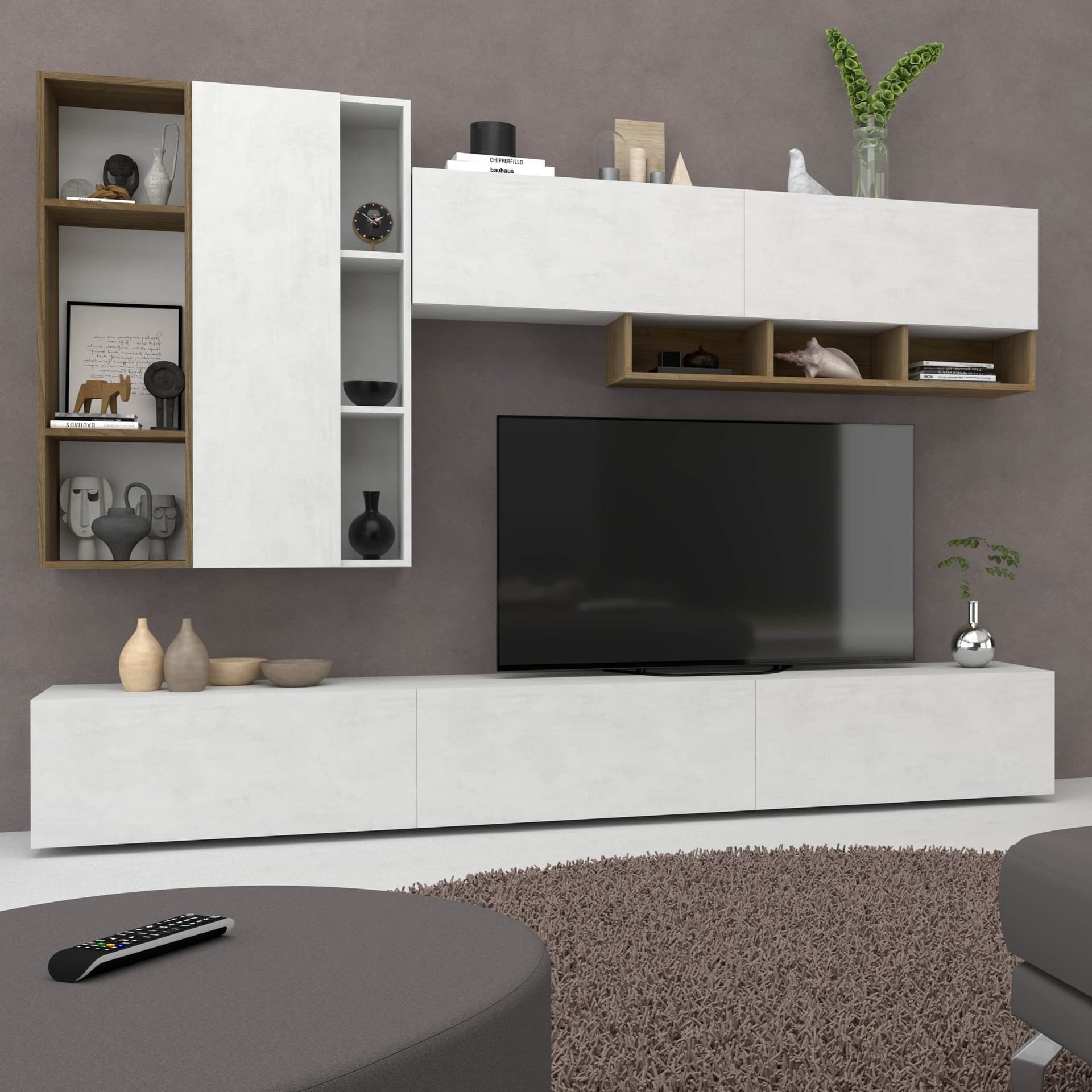 Composizione soggiorno moderna noce stelvio e ossido bianco - 194 x 267 x 45 cm - 3