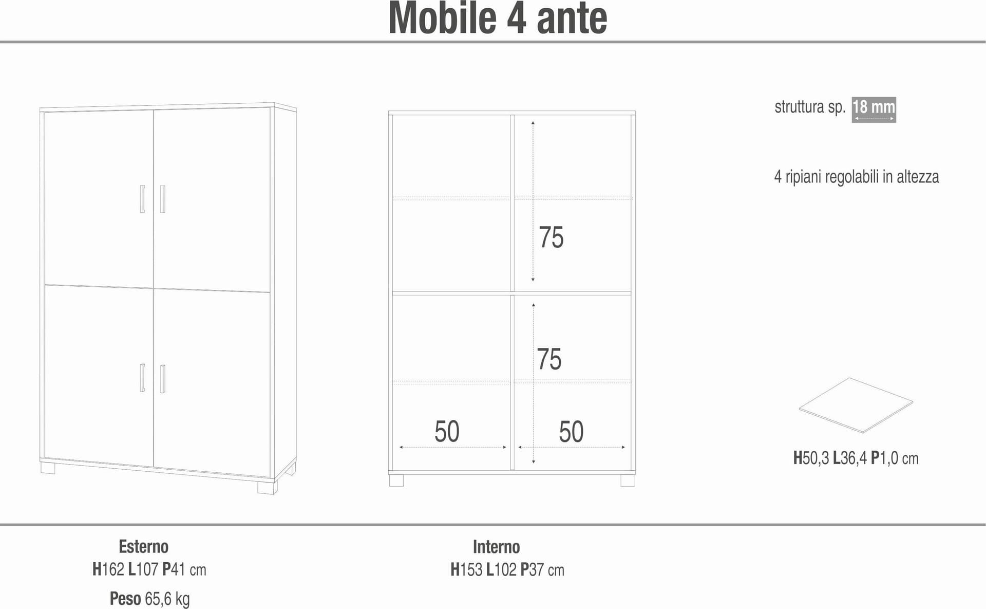 Armadio a quattro ante con ripiani regolabili - 162 x 107 x 41 cm - 3