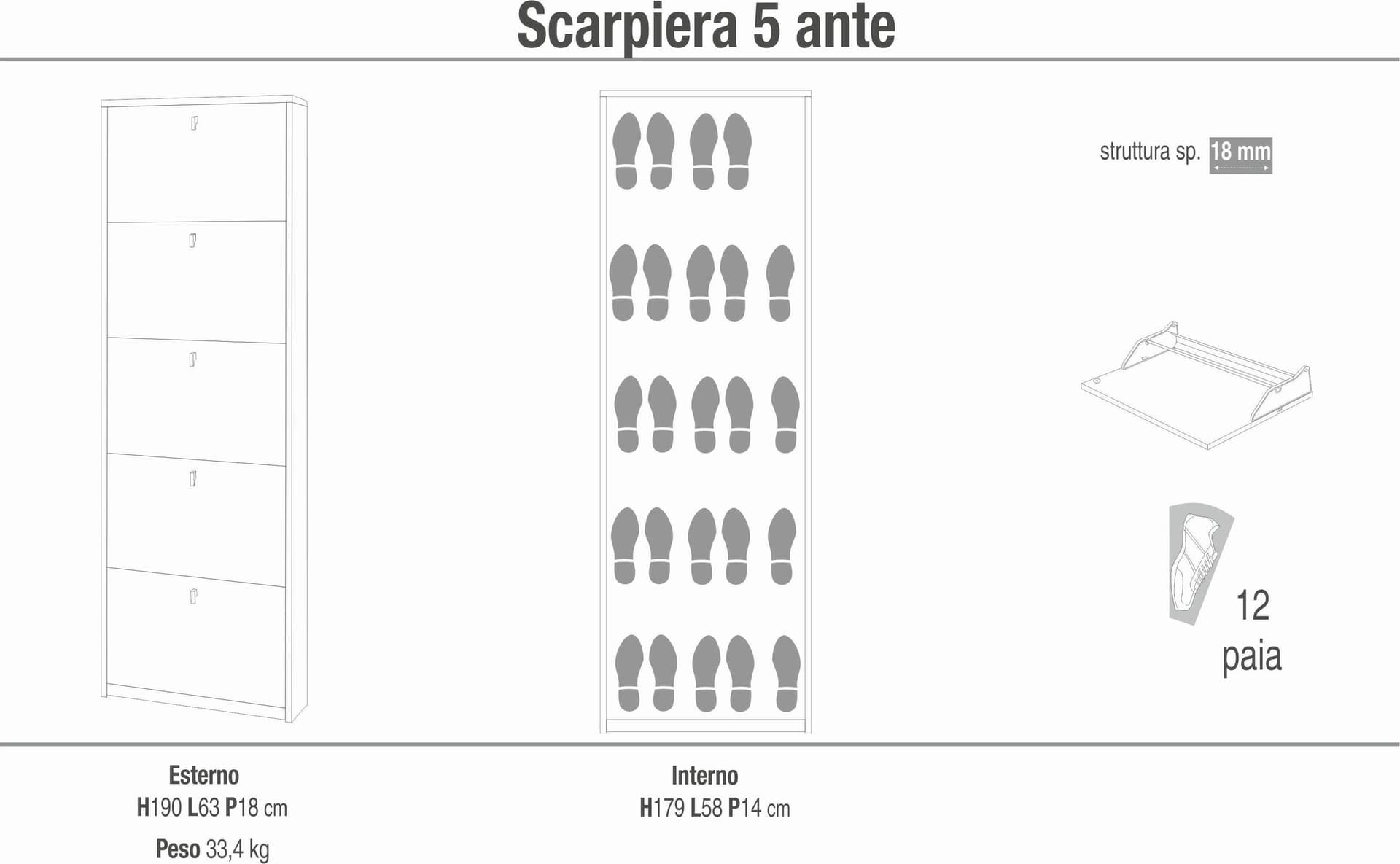 Scarpiera a cinque ante a ribalta dal design salvaspazio - 190 x 63 x 18 cm - 9