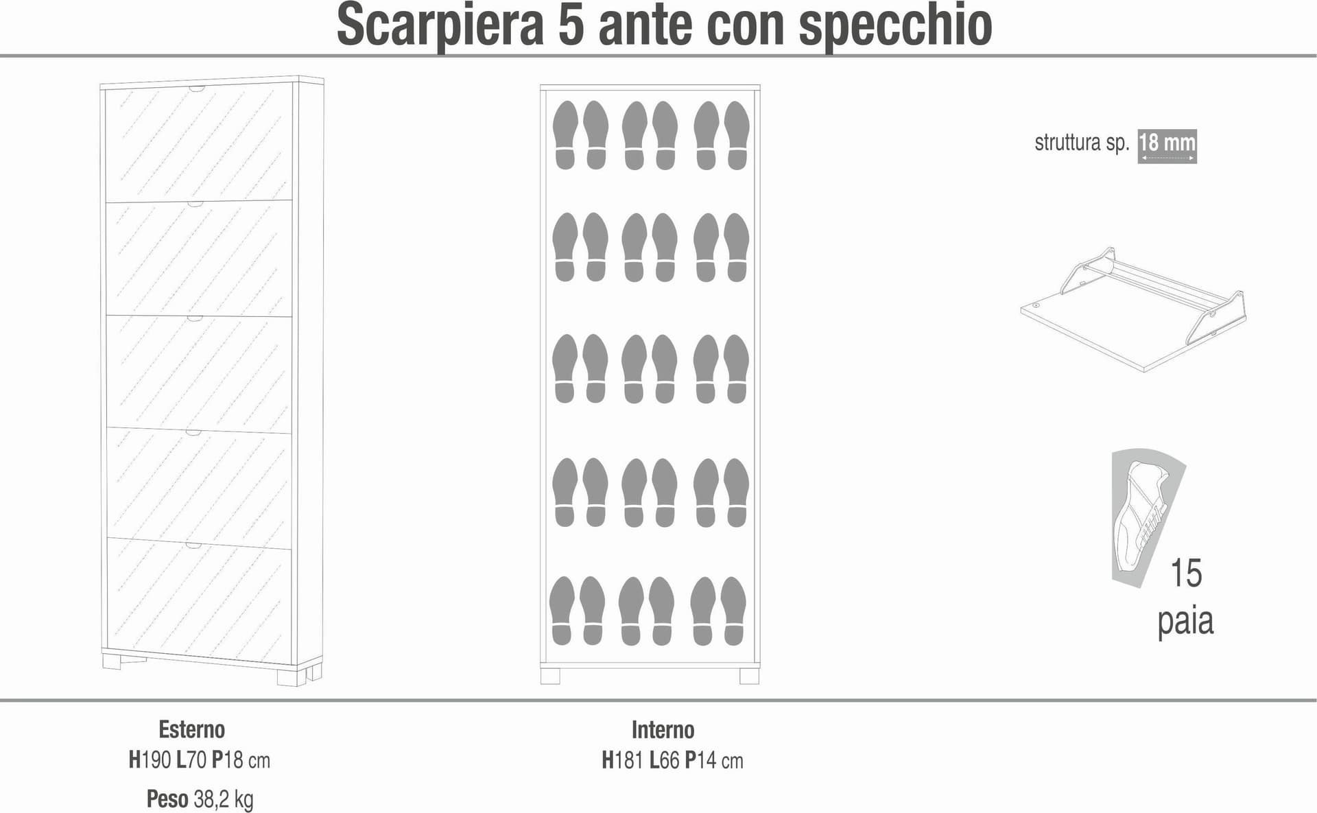 Scarpiera a cinque ante a ribalta con specchio dal design moderno - 190 x 70 x 18 cm - 10