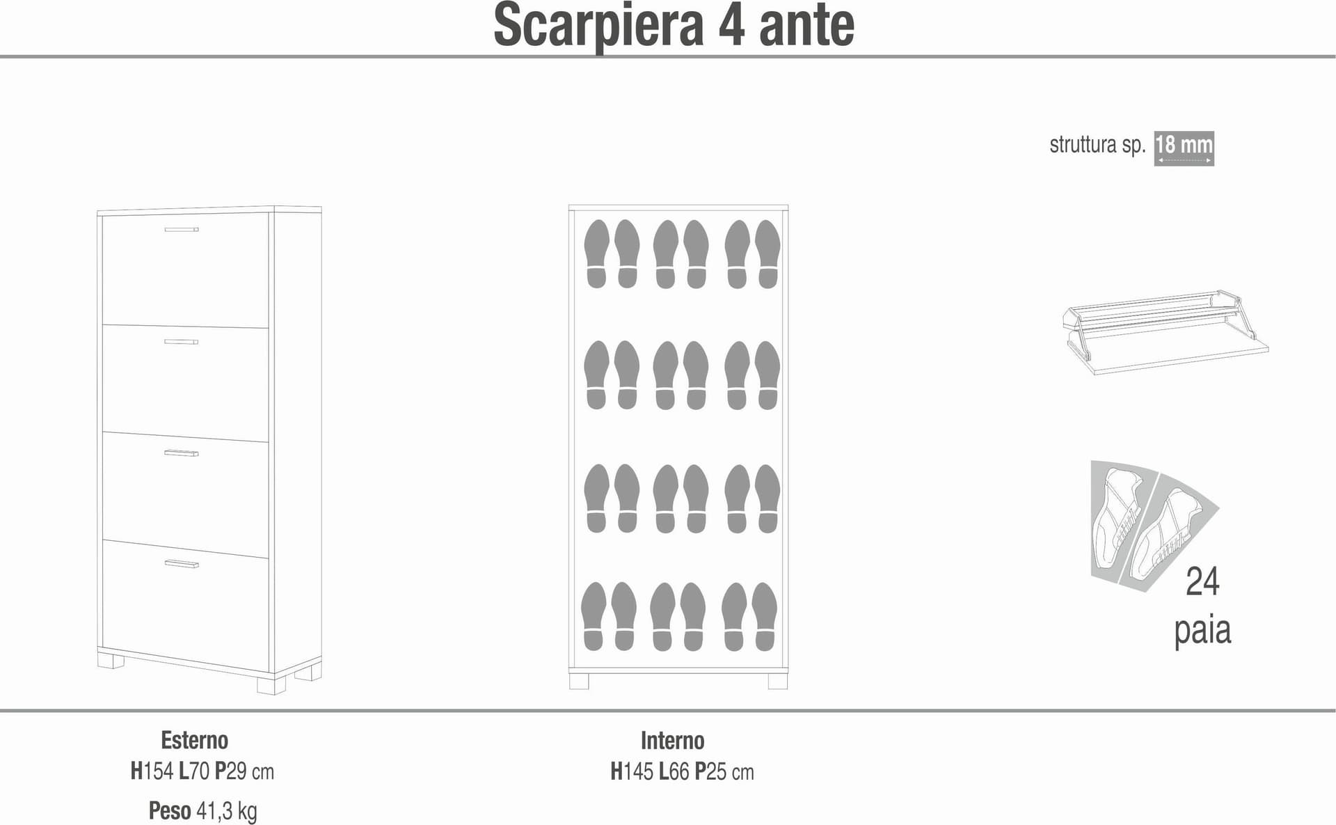 Scarpiera a quattro ante a ribalta a doppia profondità - 154 x 70 x 29 cm - 33
