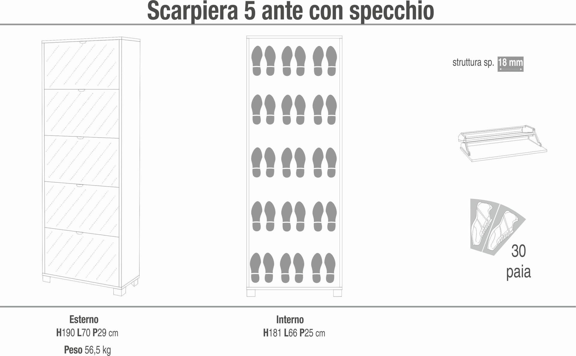Scarpiera a cinque ante a ribalta con specchio a doppia profondità - 190 x 70 x 29 cm - 8