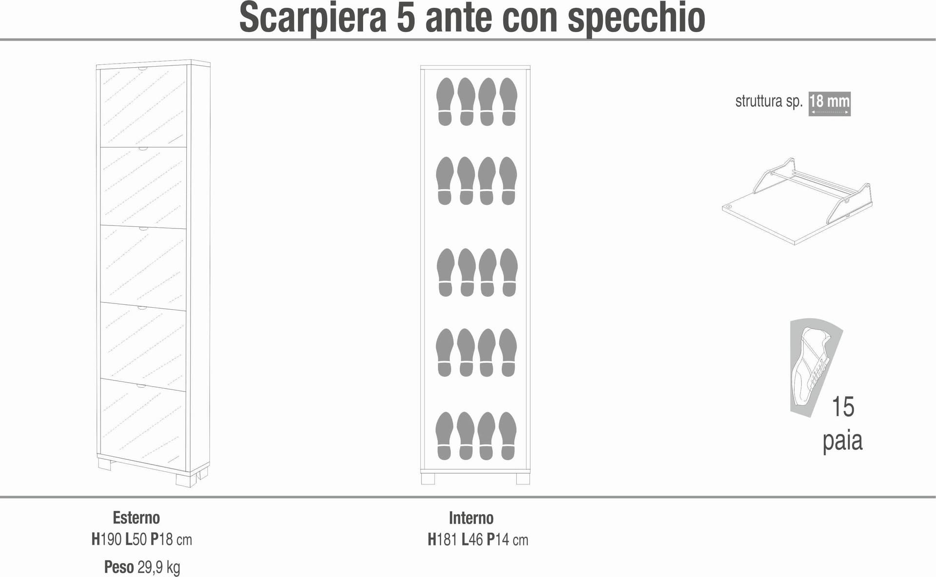 Scarpiera a cinque ante a ribalta con specchio dal design compatto - 190 x 50 x 18 cm - 9