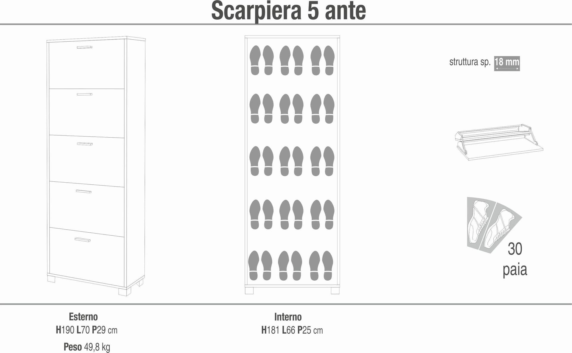 Scarpiera a cinque ante a ribalta a doppia profondità - 190 x 70 x 29 cm - 25