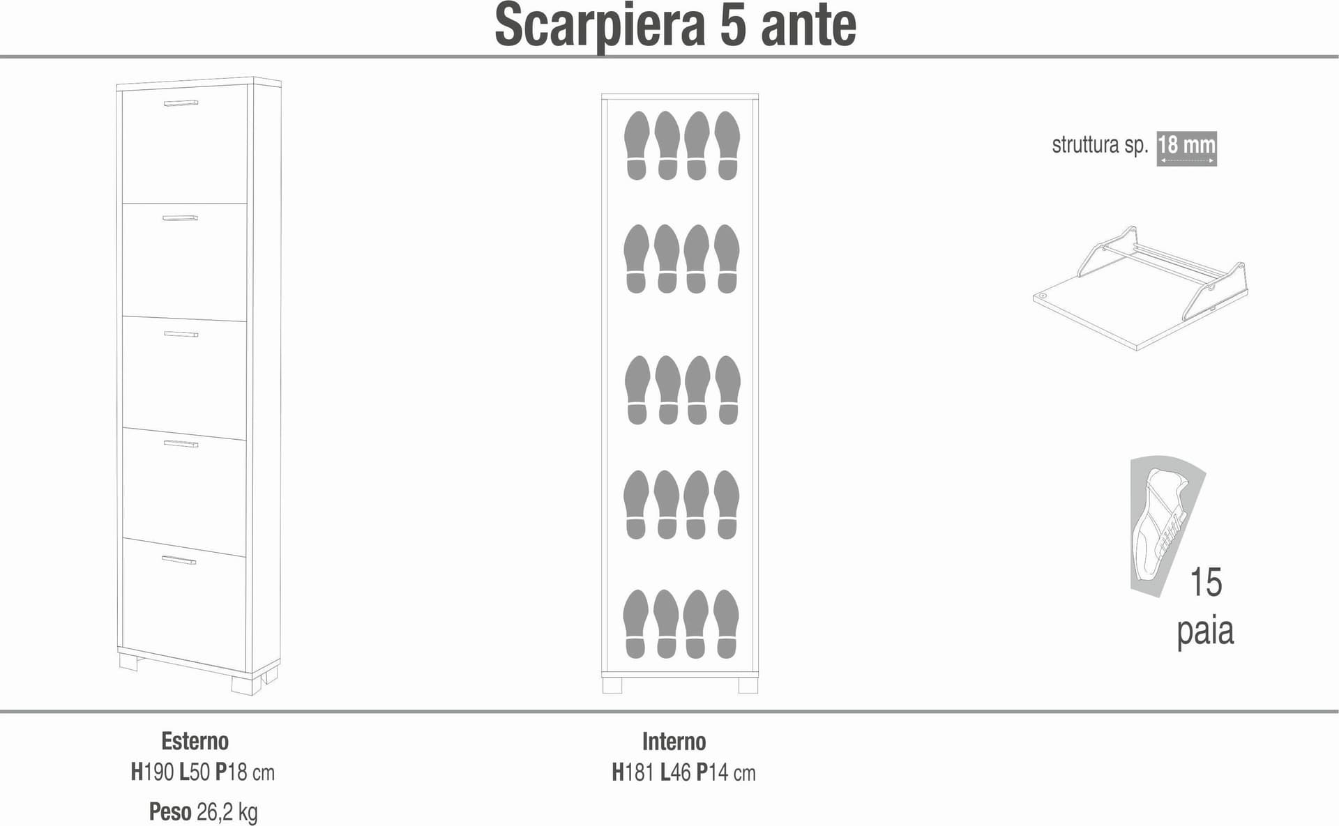 Scarpiera a cinque ante a ribalta dal design compatto - 190 x 50 x 18 cm - 24