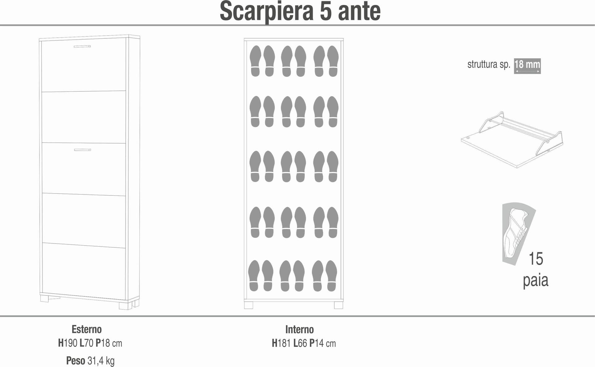 Scarpiera a cinque ante a ribalta dal design salvaspazio - 190 x 70 x 18 cm - 31
