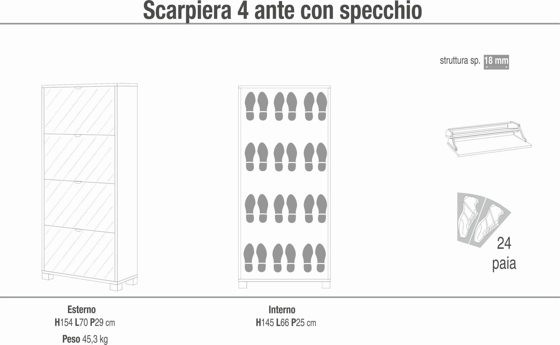 Scarpiera a quattro ante a ribalta con specchio a doppia profondità - 154 x 70 x 29 cm - 9