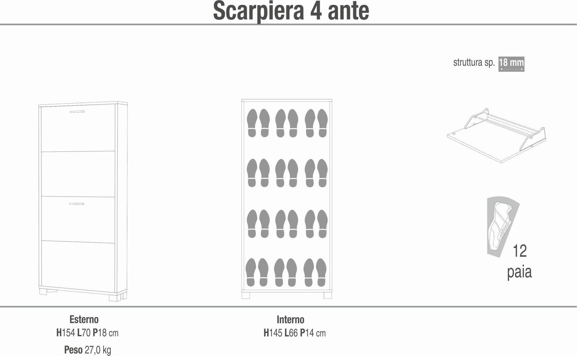 Scarpiera a quattro ante a ribalta dal design moderno - 154 x 70 x 29 cm - 24