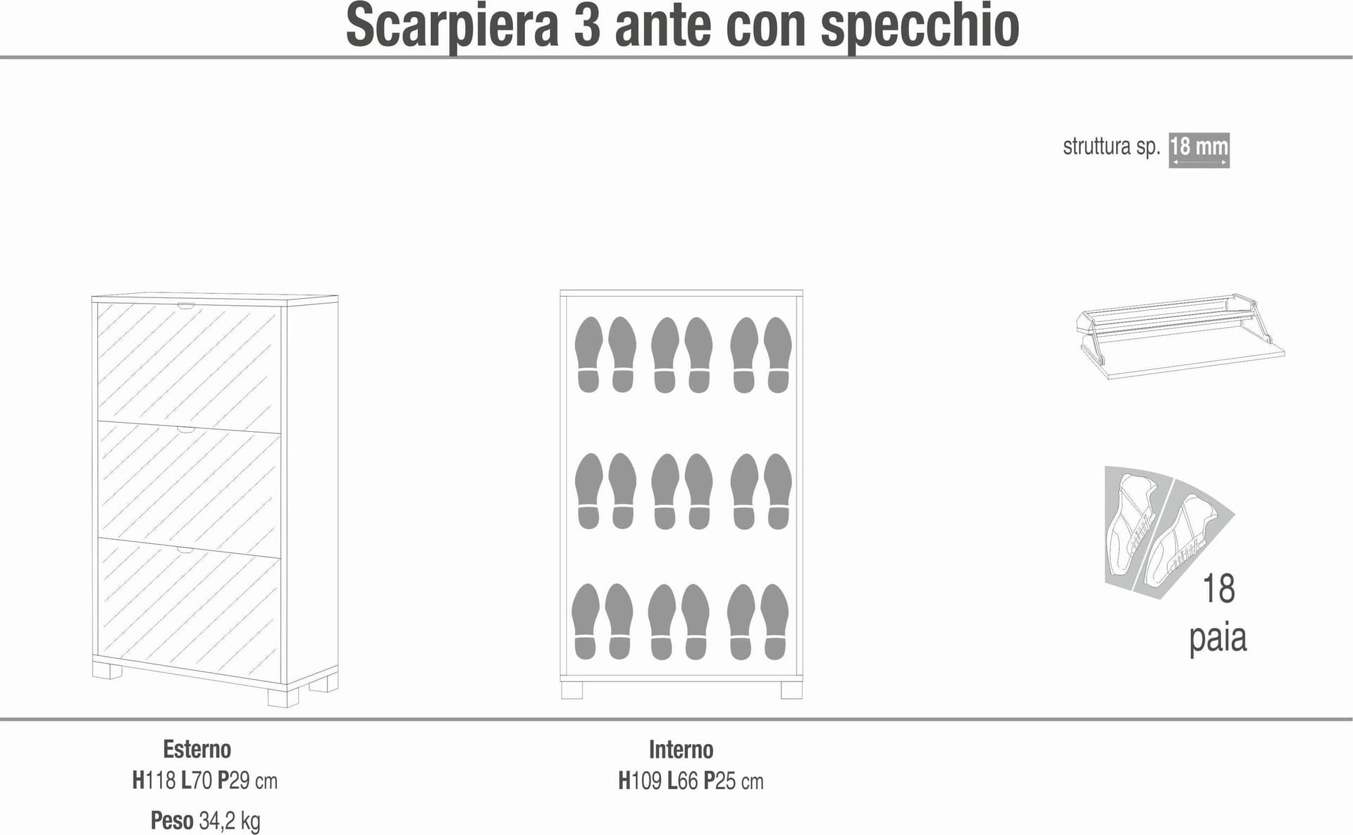 Scarpiera a tre ante a ribalta con specchio a doppia profondità - 118 x 70 x 29 cm - 9