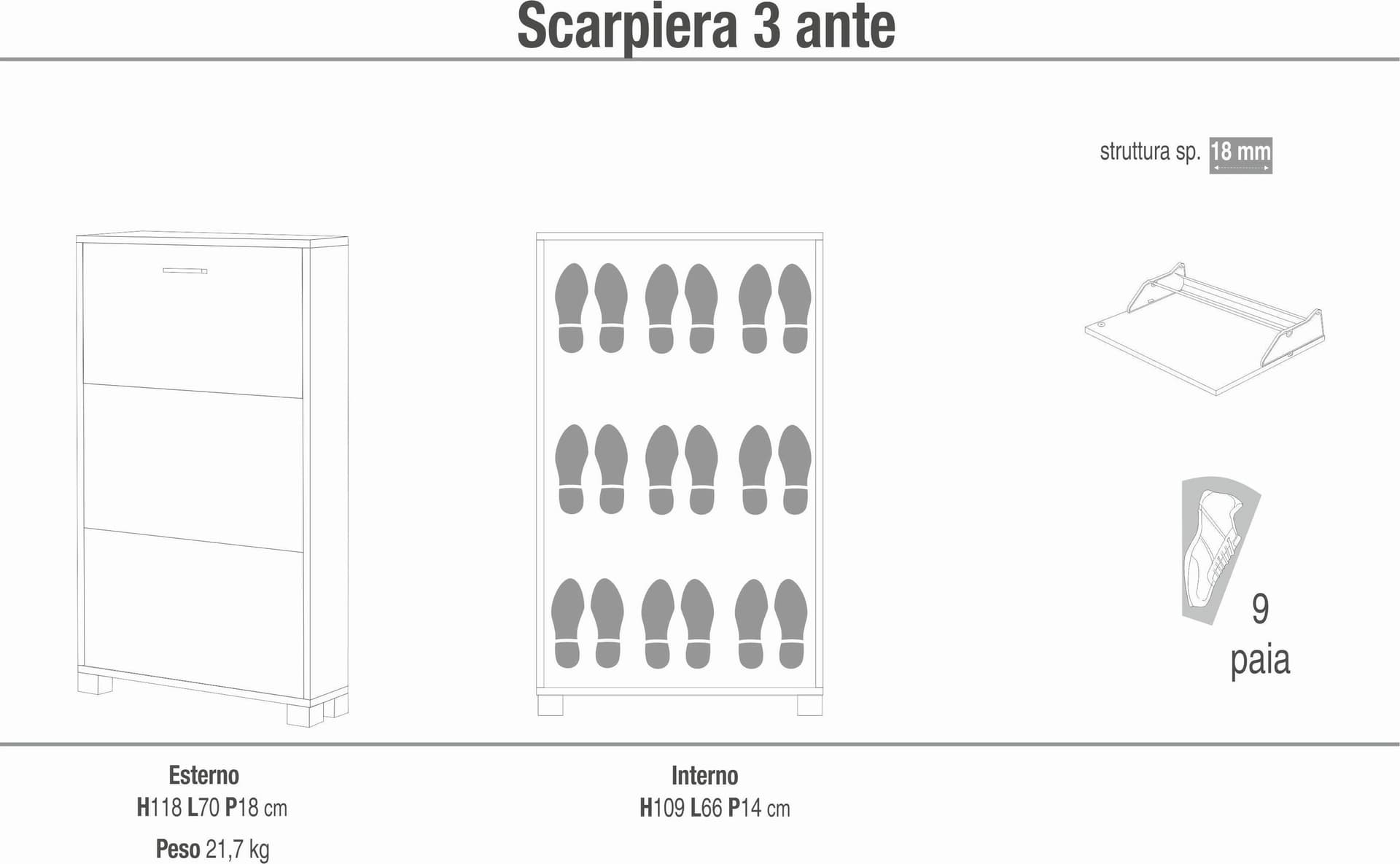 Scarpiera a tre ante a ribalta dal design compatto - 118 x 70 x 18 cm - 23