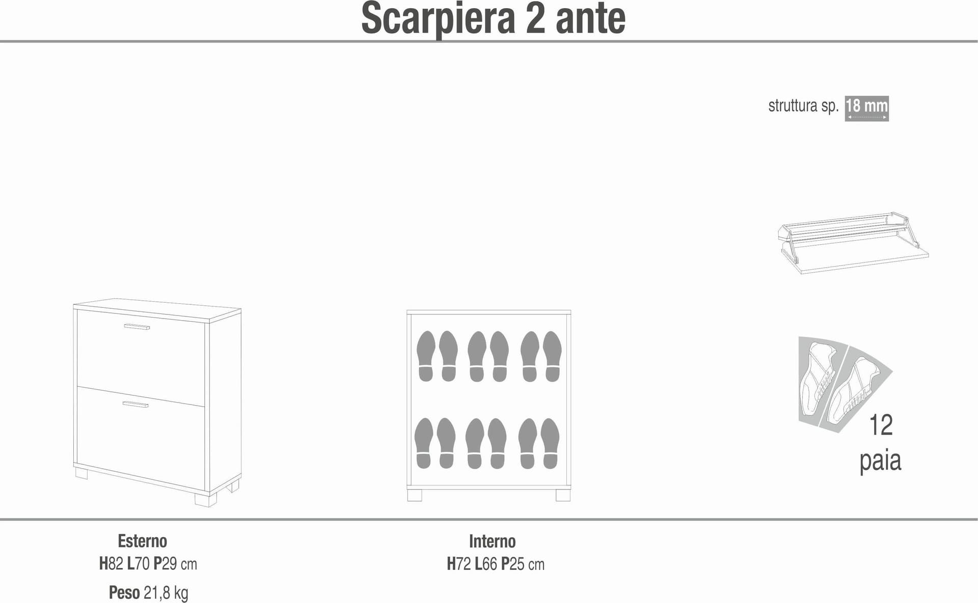 Scarpiera a due ante a ribalta a doppia profondità - 80 x 70 x 29 cm - 24